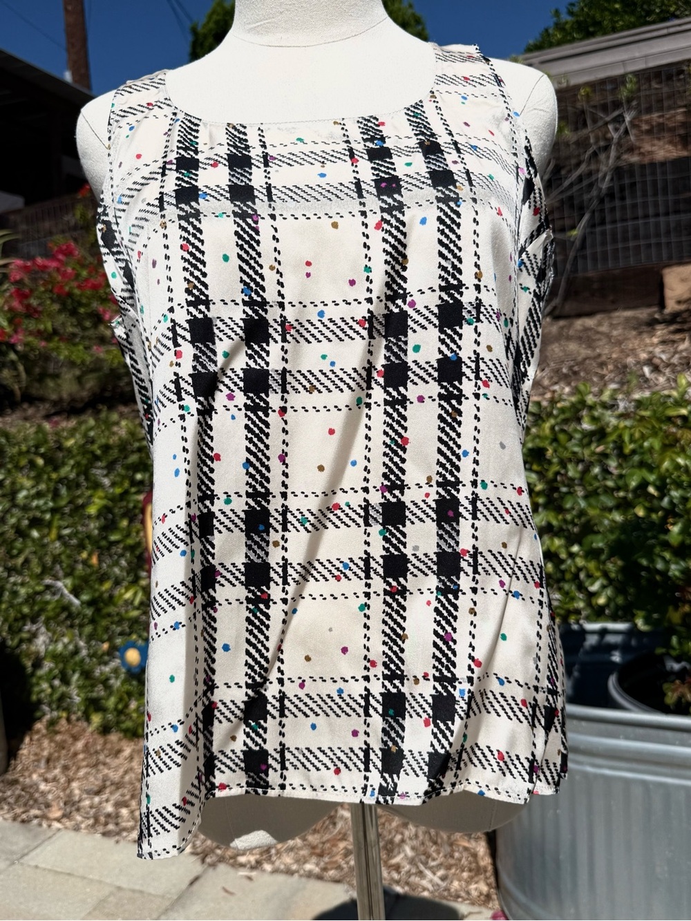 NEW Akris plaid tweed silk confetti print blouse